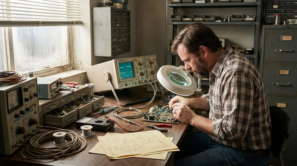 Historical reconstruction of a Silicon Valley technician testing a circuit board with analog equipment.