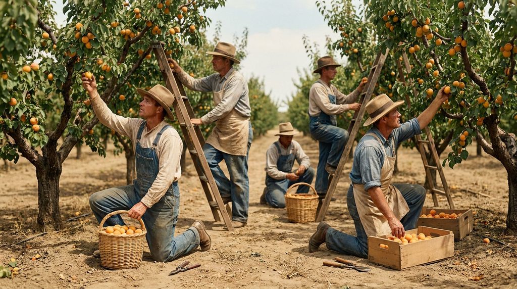 Historical reconstruction of orchard workers gathering apricots, inspired by Sunnyvale’s agricultural past.