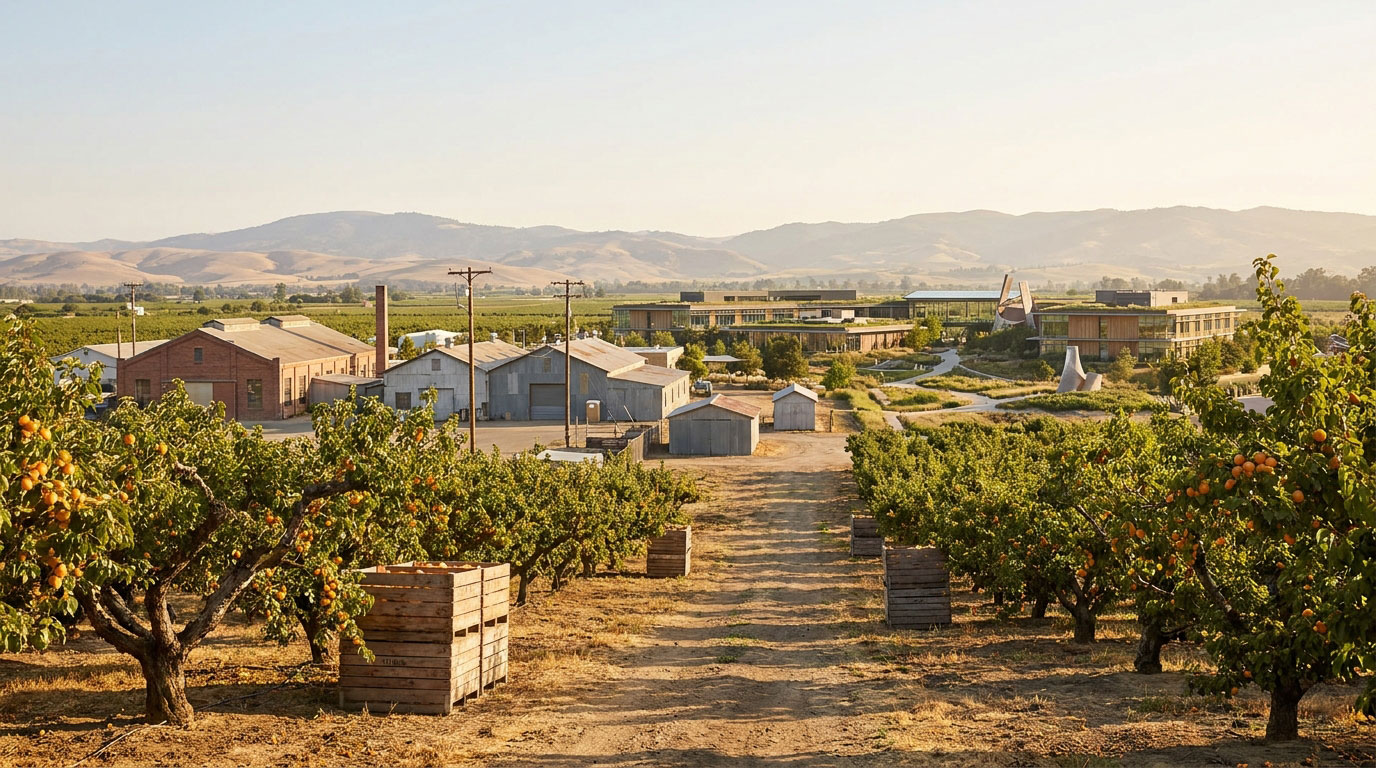 Conceptual illustration of Sunnyvale’s transformation from apricot orchards to a Silicon Valley technology center.