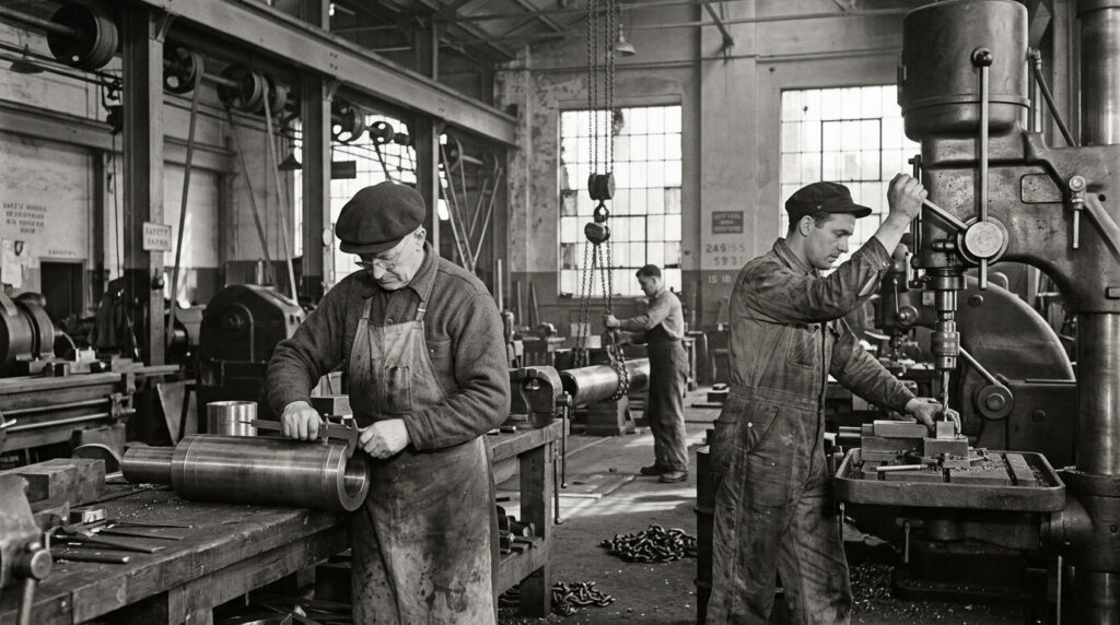 Workers beside machinery at Joshua Hendy Iron Works