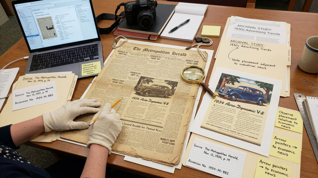 Researcher comparing an old newspaper advertisement with source notes