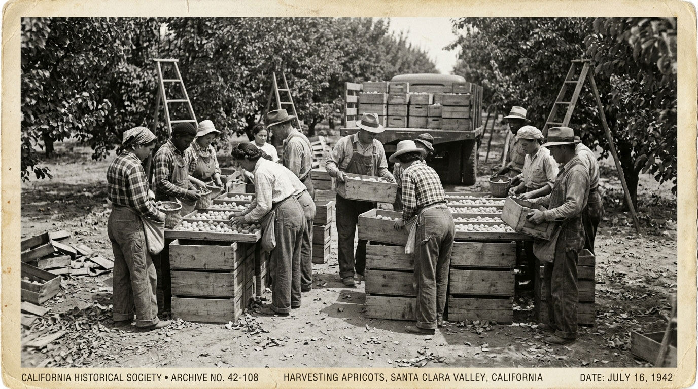 Workers sorting apricots beside wooden trays in Sunnyvale