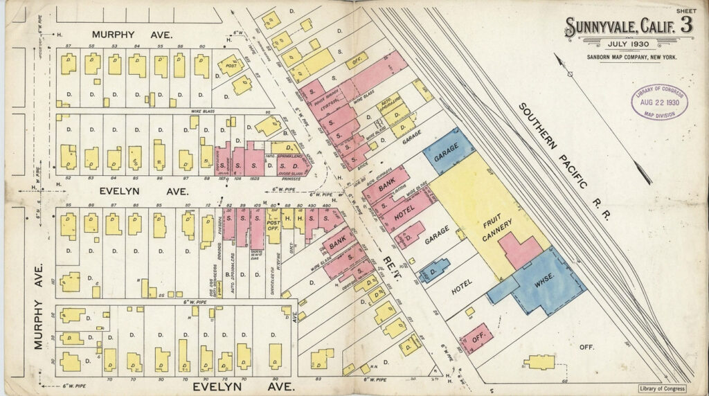 Detail from a 1930 Sanborn fire insurance map of Sunnyvale