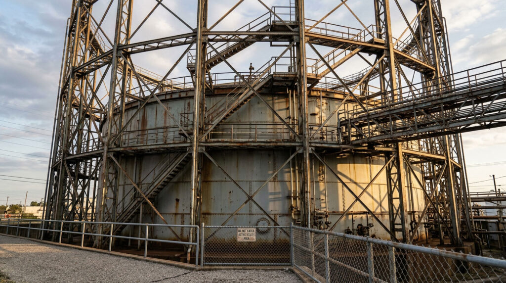 Painted tank and steel supports of the Libby Water Tower